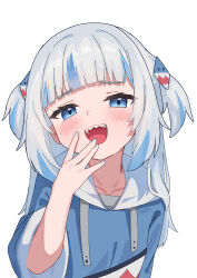 1girl absurdres animal_costume animal_hood blue_eyes blue_hoodie blue_nails blunt_bangs gawr_gura gawr_gura_(1st_costume) hair_ornament hands_on_own_face highres hololive hololive_english hood hoodie hsh long_sleeves looking_at_viewer multicolored_hair open_mouth shark_costume shark_girl shark_hair_ornament shark_hood sharp_teeth smile solo streaked_hair teeth two-tone_hair two_side_up virtual_youtuber white_background white_hair