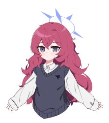 1girl absurdres alternate_costume black_sweater_vest blue_archive cheesetrap closed_mouth collared_shirt cropped_torso dot_mouth dot_nose grey_eyes halo highres iroha_(blue_archive) long_hair long_sleeves looking_at_viewer purple_halo red_hair shirt simple_background sleeves_past_wrists solo sweater_vest wavy_hair white_background white_shirt