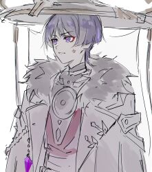 1boy aiguillette anger_vein annoyed blunt_ends bodysuit bright_pupils coat eyeliner eyeshadow fatui_coat fur_collar genshin_impact hat highres japanese_clothes jewelry jingasa kimono lapels limited_palette looking_to_the_side makeup male_focus mandarin_collar neck_ring open_clothes open_coat parted_lips purple_eyes purple_hair red_eyeliner red_eyeshadow scaramouche_(genshin_impact) sgm618 sketch solo tsurime upper_body white_background white_pupils wispy_bangs