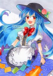 Rule 34 | 1girl, 2zuz4hru, black hat, blue hair, blue skirt, bow, bowtie, center frills, collared shirt, commentary request, food, frills, fruit, fruit hat ornament, hat, highres, hinanawi tenshi, holding, holding sword, holding weapon, leaf, long hair, marker (medium), open mouth, peach, puffy short sleeves, puffy sleeves, rainbow order, red bow, red bowtie, red eyes, shirt, short sleeves, skirt, solo, sword, sword of hisou, touhou, traditional media, weapon, white shirt