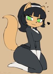 1girl animal animal_ears belt black_belt black_bodysuit black_hair bodysuit boots breasts brown_background brown_fur cat cat_ears cat_girl cat_tail furry gloves green_eyes hairband heart kitty_katswell large_breasts long_hair looking_at_viewer nickelodeon sitting sketch smile t.u.f.f._puppy tail thick_thighs thighs tony_welt white_boots white_gloves wide_hips