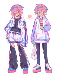 1boy absurdres artist_logo bag black_leg_warmers black_leggings black_tank_top blue_eyes blue_shoes blush_stickers bright_pupils closed_mouth collarbone commentary_request food full_body garter_straps hair_between_eyes hand_on_own_hip head_tilt heterochromia highres holding holding_bag holding_food holding_ice_cream holding_ice_cream_cone hood hoodie ice_cream ice_cream_cone jacket leg_warmers leggings licking logo long_sleeves male_focus multiple_views no_sclera open_clothes open_jacket original pink_eyes pink_hair plastic_bag raito-kun_(uenomigi) shoes short_hair shorts simple_background sketch sleeves_past_fingers sleeves_past_wrists strap_slip tank_top uenomigi white_background white_hoodie white_jacket white_pupils white_shoes white_shorts
