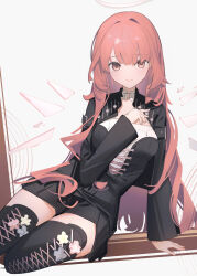 Rule 34 | 1girl, absurdres, arknights, black dress, black jacket, black thighhighs, chichi guai, choker, closed mouth, commentary request, cross-laced clothes, cross-laced legwear, detached wings, dress, energy wings, halo, highres, jacket, lemuen (arknights), long hair, long sleeves, looking at viewer, o-ring, o-ring choker, open clothes, open jacket, pink hair, pink halo, pink wings, simple background, sitting, solo, thighhighs, thighs, white background, white choker, wings, yokozuwari