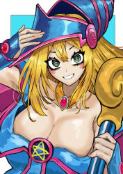 1girl absurdres adeshi_(adeshi0693119) arm_up armpits blonde_hair blush breasts cane cleavage clenched_teeth collarbone dark_magician_girl detached_collar duel_monster hair_between_eyes hat highres holding holding_cane jewelry large_breasts long_hair looking_at_viewer parted_lips smile solo teeth witch witch_hat wristband yu-gi-oh!