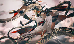 Rule 34 | 1boy, absurdres, arknights, black cape, black hair, black skin, cape, chongyue (arknights), closed mouth, colored skin, commentary request, dragon, dragon boy, dragon horns, highres, horns, looking ahead, lubusi, male focus, multicolored hair, orange cape, orange hair, pants, profile, red eyes, riding, shirt, shoes, short hair, sleeveless, sleeveless shirt, solo, streaked hair, two-sided cape, two-sided fabric, white pants, white shirt, white shoes