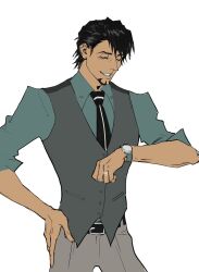 1boy arm_up belt belt_buckle black_belt black_hair buckle closed_eyes collared_shirt dark-skinned_male dark_skin facial_hair goatee green_shirt grey_pants grey_vest grin hand_on_own_hip highres jewelry kaburagi_t._kotetsu male_focus necktie pants ring rnrfml shirt short_hair short_sideburns simple_background sleeves_rolled_up smile solo standing striped_clothes striped_necktie teeth tiger_&amp;_bunny vest watch white_background wing_collar wristwatch