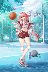 1girl absurdres animal_ears bare_shoulders basketball bike_shorts bike_shorts_under_shorts black_shorts blue_sky closed_mouth clothes_writing cloud crop_top day fox_ears full_body genshin_impact hand_on_own_hip highres jacket knee_pads long_hair long_sleeves looking_at_viewer midriff navel off_shoulder official_alternate_costume official_art open_clothes open_jacket pink_hair purple_eyes red_shorts shirt shoes shorts sky sleeveless sleeveless_shirt smile socks standing stomach thighs third-party_source very_long_hair white_jacket white_shirt white_socks yae_miko yae_miko_(pulse+)