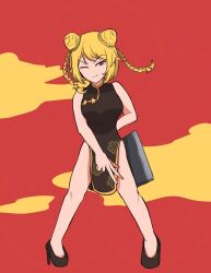 1girl alternate_costume alternate_hairstyle black_dress black_shoes blonde_hair braid breasts bun_with_braided_base china_dress chinese_clothes cleaver closed_mouth commentary_request cookie_(touhou) double_bun dress full_body hair_bun high_heels highres holding holding_cleaver kirisame_marisa looking_at_viewer medium_breasts nanariku one_eye_closed pelvic_curtain red_background red_eyes shoes short_hair simple_background sleeveless sleeveless_dress smile solo star_(symbol) suzu_(cookie) touhou twin_braids unusually_open_eyes v-shaped_eyebrows w