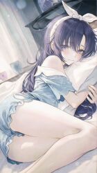 1girl absurdres animal_print ass bare_shoulders black_halo blue_archive blue_eyes blue_hair blue_pajamas blue_shirt blue_shorts blurry blush bokeh bow bow_hairband cat_print closed_mouth commentary_request depth_of_field hairband halo highres hugging_object legs long_hair looking_at_viewer mechanical_halo official_alternate_costume official_alternate_hairstyle pajamas pillow pillow_hug print_pajamas renoahh shirt short_sleeves shorts sleepwear solo thick_thighs thighs white_bow white_hairband yuuka_(blue_archive) yuuka_(pajamas)_(blue_archive)