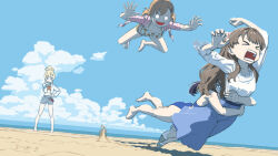 Rule 34 | &gt; &lt;, 4girls, artist name, ass, barefoot, beach, bikini, bikini top only, blue one-piece swimsuit, blue skirt, blue sky, breasts, brown hair, captured, chasing, claw pose, cloud, commentary request, day, denim, denim shorts, dutch angle, floral print, floral print bikini, fujishima megumi, fujishima megumi (summer casual), hair intakes, hand on own hip, hinoshita kaho, hinoshita kaho (swimsuit), jacket, jacket over swimsuit, jumping, link! like! love live!, long hair, long skirt, love live!, medium breasts, minpailea, multiple girls, murano sayaka, murano sayaka (swimsuit), navel, no pupils, o o, official alternate costume, one-piece swimsuit, open clothes, open jacket, open mouth, orange bikini, osawa rurino, osawa rurino (swimsuit), outdoors, pink jacket, pointing, print bikini, rectangular mouth, shirt, shoes, short-sleeved jacket, short sleeves, shorts, signature, skirt, sky, swimsuit, teeth, three-quarter sleeves, v-shaped eyebrows, virtual youtuber, white bikini, white shirt, white shoes