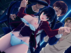 Rule 34 | 1girl, 4boys, assisted exposure, black hair, bra, breasts, game cg, green eyes, imminent rape, kurasawa anzu, large breasts, long hair, multiple boys, nerawareta megami tenshi angeltia, nipples, panties, restrained, syrup many milk, thighhighs, tsukumo kazuita, twintails, underwear