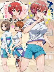 3girls amate_yuzuriha aqua_eyes aqua_shirt blush breasts brown_hair closed_mouth gundam gundam_gquuuuuux gym gym_shirt gym_shorts gym_uniform highres jacket multiple_girls open_mouth red_hair running ryuhirohumi school_uniform shirt shoes short_hair shorts smile sports_bra sweat sweater track_jacket undressing