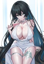 Rule 34 | 1girl, alternate costume, aqua background, aqua eyes, aqua hair, armpit crease, bad arm, bare shoulders, black hair, breasts, bright pupils, champagne flute, collarbone, colored inner hair, commentary, commission, counter:side, cup, dress, drinking glass, earrings, elze (s01047480836), fingernails, hair between eyes, halter dress, halterneck, head tilt, highres, holding, holding cup, jewelry, korean commentary, large breasts, large earrings, leg tattoo, long fingernails, long hair, looking at viewer, mole, mole under mouth, multicolored hair, parted lips, pink nails, plaga (counter:side), plunging neckline, pouring, pouring onto self, second-party source, sideboob, sitting, solo, tattoo, thigh strap, very long hair, white background, white dress, white pupils