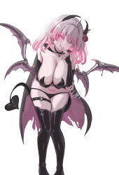 1girl :3 @_@ arm_under_breasts bare_shoulders black_cape black_horns black_panties black_sleeves black_tail black_thighhighs blush breasts cape closed_mouth demon_girl demon_horns demon_tail demon_wings earrings facial_mark fingernails flower heart heart_collar heart_earrings heart_facial_mark heart_o-ring highres horn_flower horns huge_breasts jewelry leaning_forward looking_at_viewer medium_hair mismatched_pupils nail_polish o-ring o-ring_thigh_strap original panties pink_eyes pink_hair pink_nails pointy_ears pubic_tattoo red_flower red_rose rose signature simple_background smile solo stomach tail tattoo thigh_strap thighhighs thighs tiara tongue tongue_out underwear white_background wings yoshi-j