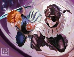 2boys aizen_sousuke artist_name bankai black_kimono bleach bleach:_sennen_kessen-hen blood blood_on_arm blood_on_face bodysuit brown_eyes brown_hair chain closed_mouth eyepatch glint highres holding holding_sword holding_weapon japanese_clothes kimono kurosaki_ichigo looking_at_viewer male_focus maskoo185826 multiple_boys obi orange_hair reverse_grip sash shawl shihakusho smile sword torn_clothes torn_kimono true_zangetsu_(bankai) watermark weapon zanpakutou