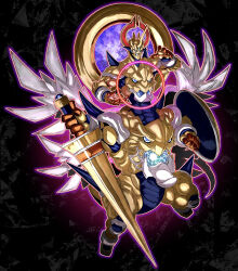 Rule 34 | ababaoi, absurdres, angel wings, armor, blue eyes, dark, extra arms, extra faces, gold, gold armor, gold halo, highres, holding, holding polearm, holding weapon, horns, jewelry, lance, masterion, no humans, polearm, shield, shinrabanshou, tail, weapon, wings