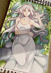 1girl alternate_costume artist_name breasts commentary dress earrings elf emily_botta english_commentary frieren green_eyes highres jewelry long_dress long_hair looking_at_viewer marker_(medium) medium_breasts photo_(medium) pointy_ears solo sousou_no_frieren traditional_media watermark white_dress white_hair