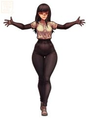 1girl absurdres black_gloves black_pants chainsaw_man cross_scar elbow_gloves facial_scar full_body gloves high-waist_pants highres outstretched_arms pants redteneri ringed_eyes scar scar_on_cheek scar_on_face scar_on_nose shirt shoes simple_background smile solo spread_arms white_shirt yoru_(chainsaw_man)