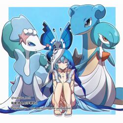 0roshioji3ran 1girl alternate_color armlet blue_background blue_dress blue_hair blue_nails blue_veil border colored_eyelashes commentary_request creatures_(company) crossover dress feet game_freak gardevoir gen_1_pokemon gen_3_pokemon gen_6_pokemon gen_7_pokemon hair_between_eyes highres jewelry knees_up lapras long_hair nail_polish nintendo pokemon pokemon_(creature) primarina purple_eyes sandals shiny_pokemon shorekeeper_(wuthering_waves) sitting sleeveless sleeveless_dress solo toenail_polish toenails toes two-tone_veil veil vivillon vivillon_(marine) white_border white_veil wuthering_waves