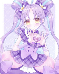1girl ahoge bare_shoulders blue_hair border bow brown_eyes closed_mouth commentary_request cure_kyunkyun dress hair_bow hands_up heart heart_background heart_hands highres himetsuki_luna kimi_to_idol_precure long_hair looking_at_viewer multicolored_hair parted_bangs pixelated plaid_bow plaid_clothes plaid_dress precure purple_background purple_bow purple_dress purple_hair shigure_kokoro signature smile solo twintails two-tone_hair very_long_hair white_border
