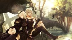 1boy 2girls absurdres android bad_feet bad_id bad_pixiv_id barefoot black_dress dress closed_eyes feather-trimmed_sleeves hairband highres lap_pillow mono_(jdaj) multiple_girls nier_(series) nier:automata no_blindfold pod_(nier:automata) silver_hair sleeping sleeping_on_person smile sword thighhighs toeless_legwear toes weapon 2b_(nier:automata) 9s_(nier:automata) a2_(nier:automata)