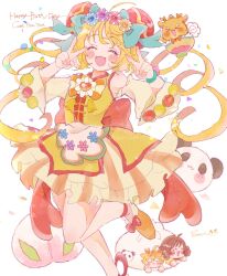 Rule 34 | 1boy, 1girl, :3, :d, ^ ^, back bow, bare shoulders, blush stickers, bow, bowtie, bun cover, character name, closed eyes, commentary request, cure yum-yum, delicious party precure, detached sleeves, double bun, double v, dress, facing viewer, foot out of frame, hair bun, hanamichi ran, hands up, happy birthday, highres, magical girl, mem-mem (human) (precure), mem-mem (precure), open mouth, orange bow, orange bowtie, orange shoes, precure, red bow, shoes, shortcake p, signature, simple background, sleeveless, sleeveless dress, smile, solo focus, v, white background, yellow dress, yellow sleeves