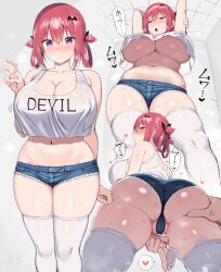 Rule 34 | 1girl, absurdres, ass, bare shoulders, bat hair ornament, blush, breasts, cleavage, collarbone, gabriel dropout, greatmosu, hair ornament, hair rings, highres, large breasts, looking at viewer, looking back, medium hair, multiple views, navel, open mouth, purple eyes, red hair, satanichia kurumizawa mcdowell, thighs, underboob