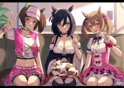 3girls absurdres animal animal_ears animal_on_lap bare_shoulders belt blue_eyes blue_hair blush bow bowtie breasts brooch brown_eyes brown_hair calico_(pattern) cat center_frills choker cleavage collarbone collared_dress couch crop_top cropped_jacket dark_blue_hair dress ear_bow ear_covers eishin_flash_(umamusume) eyeshadow frills green_eyes grin hair_between_eyes highres horse_ears horse_girl horse_tail indoors ines_fujin_(umamusume) isana615 jewelry large_breasts long_hair looking_at_viewer makeup midriff miniskirt multiple_girls on_lap open_mouth ponytail short_dress short_sleeves side_ponytail single_ear_cover sitting skirt smart_falcon_(umamusume) smile tail thigh_strap thighhighs umamusume v visor white_belt wristband zettai_ryouiki
