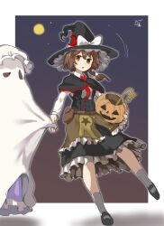 Rule 34 | 2girls, apron, bag, black capelet, black footwear, black hat, black vest, bow, braid, brown apron, brown eyes, brown hair, buttons, capelet, commentary request, cosplay, crescent, crescent hat ornament, dress, frilled apron, frilled dress, frilled hat, frilled skirt, frills, full body, hair bow, halloween, hat, hat bow, hat ornament, highres, holding, holding hands, jack-o&#039;-lantern, kirisame marisa, kirisame marisa (cosplay), long sleeves, maribel hearn, mary janes, mob cap, moon, multiple girls, necktie, night, open mouth, pumpkin, purple dress, red capelet, red necktie, shadow, sheet ghost, shirt, shoes, signature, single braid, skirt, socks, standing, standing on one leg, touhou, two-tone capelet, undefined fantastic object, usami renko, vest, waist apron, wand, white bow, white shirt, white socks, witch hat, yanotsuki18