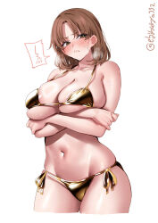 1girl artist_name bare_arms bare_shoulders bikini blush breasts brown_eyes brown_hair chiyoda_(kancolle) closed_mouth collarbone commentary cowboy_shot cropped_legs crossed_arms ebifurya frown furrowed_brow gold_bikini groin heavy_breathing highres kantai_collection large_breasts light_brown_hair looking_at_viewer medium_hair navel one-hour_drawing_challenge parted_bangs side-tie_bikini_bottom sidelocks simple_background skindentation solo spoken_blush stomach strap_gap sweat swimsuit thighs twitter_username underboob white_background