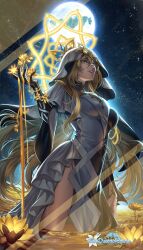 Rule 34 | 1girl, artist name, blonde hair, blue eyes, breasts, commentary, dress, english commentary, flower, from below, genshin impact, highres, large breasts, lemon lime, long hair, moon, partially submerged, rhinedottir (genshin impact), sky, solo, standing, star (sky), starry sky, two-sided veil, two-tone robe, veil, very long hair, white hood, white veil, yellow eyes
