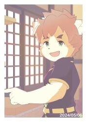 Rule 34 | 1boy, absurdres, animal ears, black shirt, brown hair, commentary request, dated, fangs, from side, green eyes, highres, looking at viewer, male focus, open mouth, phmrn, pointing, shima (tamacolle), shirt, shouji, sliding doors, smile, squirrel boy, squirrel ears, tamacolle, whiskers