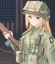 101st_airborne 1girl 506th_parachute_infantry_regiment_(us_army) absurdres american_flag american_flag_background aqua_eyes artist_name belt breast_pocket closed_mouth combat_helmet commentary explosive flag_background green_belt green_hat green_jacket grenade gun gun_sling hat helmet highres historical_american_flag holding holding_gun holding_weapon invasion_of_normandy jacket leochan1202 long_hair long_sleeves looking_at_viewer m1_carbine m1_helmet military military_rank_insignia military_uniform mk2_grenade original paratrooper patch pocket shoulder_patch smile solo suspenders upper_body weapon world_war_ii