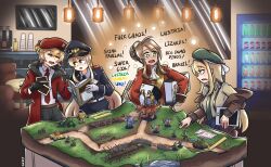 absurdres beret blonde_hair book brown_hair cafe commander_(girls&#039;_frontline) commission commissioner_upload dice english_text girls&#039;_frontline gloves green_eyes hat highres lee-enfield_(girls&#039;_frontline) lizardman_(warhammer_fantasy) m1_garand_(girls&#039;_frontline) m4_sherman military_hat military_uniform military_vehicle miniature model_tank motor_vehicle necktie panther_(tank) playing_games ruler serjatronic stg44_(girls&#039;_frontline) tablet_pc tabletop_game tank warhammer_fantasy