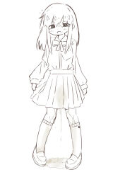 1girl blush bow bowtie breast_pocket flat_chest flying_sweatdrops kneehighs loli long_hair long_sleeves looking_down monochrome nukegara_(pixiv_46266320) open_mouth original peeing peeing_self pocket print_socks puddle school_uniform shirt shoes skirt socks standing star_(symbol) star_print wet wet_clothes wet_skirt wet_socks