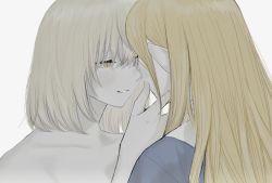 2girls back bad_id bad_twitter_id blonde_hair dungeon_meshi elf falin_touden falin_touden_(tallman) frs2 hand_on_another&#039;s_face hidden_face highres imminent_kiss long_hair looking_at_another marcille_donato multiple_girls pointy_ears simple_background slit_pupils upper_body white_hair yellow_eyes yuri
