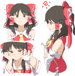 Rule 34 | 1girl, absurdres, ascot, blush, bow, brown hair, chest sarashi, closed mouth, commentary request, crossed arms, csham, cup, detached sleeves, frilled bow, frilled hair tubes, frills, gohei, hair bow, hair tubes, hakurei reimu, hand on own cheek, hand on own face, highres, holding, holding cup, long hair, looking at viewer, multiple views, open mouth, red bow, red skirt, sarashi, skirt, skirt set, smile, sweat, touhou, yellow ascot