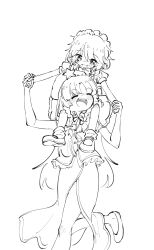 2girls aged_down blush bow braid carrying carrying_person child closed_eyes commentary_request greyscale grin hair_bow hand_grab hat hat_ornament highres hong_meiling izayoi_sakuya maid maid_headdress mary_janes monochrome multiple_girls open_mouth puffy_short_sleeves puffy_sleeves shoes short_sleeves side_slit sitting_on_shoulder smile socks star_(symbol) star_hat_ornament suteruko teeth touhou twin_braids upper_teeth_only