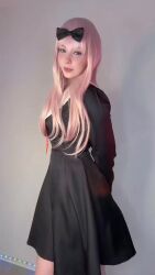 1girl animated black_bow bow breasts cosplay dancing fujiwara_chika fujiwara_chika_(cosplay) kaguya-sama_wa_kokurasetai_~tensai-tachi_no_renai_zunousen~ lolichkaaaaa long_hair long_sleeves pink_hair real_life school_uniform skirt tagme video