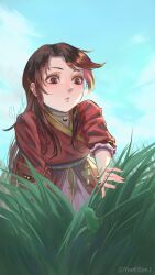 1girl absurdres artist_name brown_eyes brown_hair chinese_commentary commentary_request dated eyelashes frog gold_necklace grass highres jewelry legend_of_mortal long_hair necklace outdoors signature solo tang_moling tassel yeeej