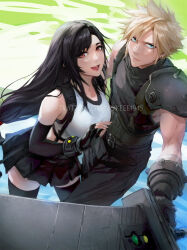 Rule 34 | 1boy, 1girl, :d, aqua eyes, armor, bare shoulders, belt, belt buckle, black belt, black gloves, black hair, black pants, black skirt, black sports bra, black thighhighs, blonde hair, breasts, buckle, buster sword, closed mouth, cloud strife, commentary, crop top, earrings, elbow gloves, english commentary, feet out of frame, final fantasy, final fantasy vii, final fantasy vii remake, fingerless gloves, gloves, highres, holding, holding sword, holding weapon, jewelry, large breasts, lips, long hair, looking at viewer, low-tied long hair, materia, miniskirt, multiple belts, open mouth, pants, pleated skirt, red eyes, shirt, short hair, shoulder armor, single bare shoulder, skirt, sleeveless, sleeveless turtleneck, smile, spiked hair, sports bra, spykeee, suspender skirt, suspenders, sweater, sword, tank top, thighhighs, tifa lockhart, turtleneck, turtleneck sweater, twitter username, watermark, weapon, web address, white tank top, zettai ryouiki