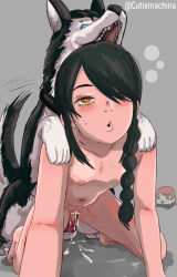 1girl all_fours animal_penis bestiality black_hair blush breasts chainsaw_man character_doll cum cum_in_pussy cutiemachina dog dog_penis doll grey_background loli navel nayuta_(chainsaw_man) nipples nude open_mouth penis ringed_eyes sex small_breasts sweat vaginal yellow_eyes
