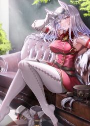 1girl absurdres adjusting_eyewear animal_ears arm_up armlet bare_shoulders blunt_bangs blush boots breasts brown_headwear checkered_floor chest_harness clenched_teeth commentary couch dress elbow_gloves eyewear_on_head feet gloves gold_ship_(umamusume) gold_trim grey_hair halterneck hand_on_eyewear harness highres holding holding_removed_eyewear horse_ears horse_girl horse_tail jewelry long_hair looking_at_viewer medium_breasts no_shoes nompang on_couch pantyhose purple_eyes red_dress sitting solo sunglasses sweatdrop tail teeth thick_thighs thighs umamusume unworn_boots unworn_eyewear unworn_headwear white_boots white_gloves white_hair white_pantyhose yellow-framed_eyewear