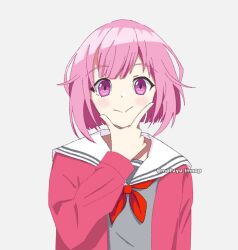 1girl absurdres cardigan closed_mouth grey_serafuku highres mafuyu_lmnop ootori_emu pink_eyes pink_hair project_sekai red_ribbon ribbon school_uniform serafuku shirt simple_background smile solo white_background