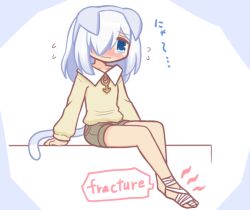 1boy animal_ears bandaged_foot bandages blue_eyes blush brown_shirt brown_shorts cat_ears cat_tail closed_mouth collarbone collared_shirt ears_down english_text flying_sweatdrops full_body hair_over_one_eye injury long_hair long_sleeves looking_at_viewer male_focus nose_blush original reverse_(bluefencer) shirt short_shorts shorts simple_background sitting solo tail tears trap wavy_mouth white_background