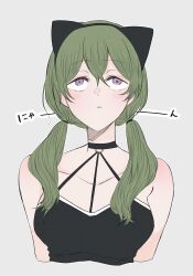1girl bare_shoulders black_choker black_dress breasts choker closed_mouth dress green_hair hair_between_eyes highres large_breasts long_hair looking_at_viewer medium_breasts shumori simple_background solo sousou_no_frieren twintails ubel_(sousou_no_frieren)