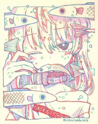 1girl absurdres air_bubble artist_name belt_collar blush border bubble collar collarbone commentary_request ear_piercing earrings fish fish_in_mouth floating_earrings hand_up head_tilt highres jewelry limited_palette looking_at_viewer medium_hair mizuinokima off_shoulder one_eye_closed original piercing print_shirt sepia shirt short_sleeves simple_background single_bare_shoulder solo t-shirt tearing_up traditional_media upper_body x_x