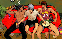 3boys aldariia aomine_daiki barefoot black_pants black_shorts blue_hair blush closed_mouth coca-cola controller couch food green_shorts hair_between_eyes highres indoors joystick kagami_taiga kuroko_no_basuke kuroko_tetsuya male_focus messy_room motion_lines multiple_boys navel nipples on_couch pants plant popcorn red_tank_top shirt short_hair shorts sitting sweatdrop tank_top teeth topless_male white_shirt yaoi