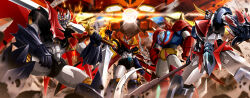 Rule 34 | absurdres, arm slave (mecha), armor, axe, cape, clenched hands, energy, facing viewer, fiery wings, gattai, getter emperor, getter rays, getter robo, getter robo arc, getter robo daikessen!, ginga no kou, glowing, glowing eyes, green light, grendizer, grendizer (grendizer u), grendizer u, highres, holding, holding sword, holding weapon, horns, huge horns, looking at viewer, mazinemperor g, mazinger (series), mazinkaiser, mazinkaiser (robot), mecha, mecha focus, mechanical wings, multicolored armor, no humans, open hand, red armor, robot, science fiction, shin getter dragon, shin getter robo, spear of cassius, super robot, super robot wars, super robot wars v, super robot wars x, sword, ufo robo grendizer, weapon, white armor, wings, yellow armor, yellow eyes