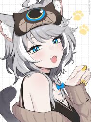 1girl ahoge animal_ear_fluff animal_ears blush breasts cat_ears cipher_(honkai:_star_rail) cipher_(sweet_slumber)_(honkai:_star_rail) cleavage grey_hair grey_sweater highres honkai:_star_rail honkai_(series) mask mask_on_head multicolored_hair nail_polish off_shoulder official_alternate_costume paw_print sleep_mask solo spaghetti_strap streaked_hair sweater upper_body vickie_(cryingrobot) white_hair yellow_nails